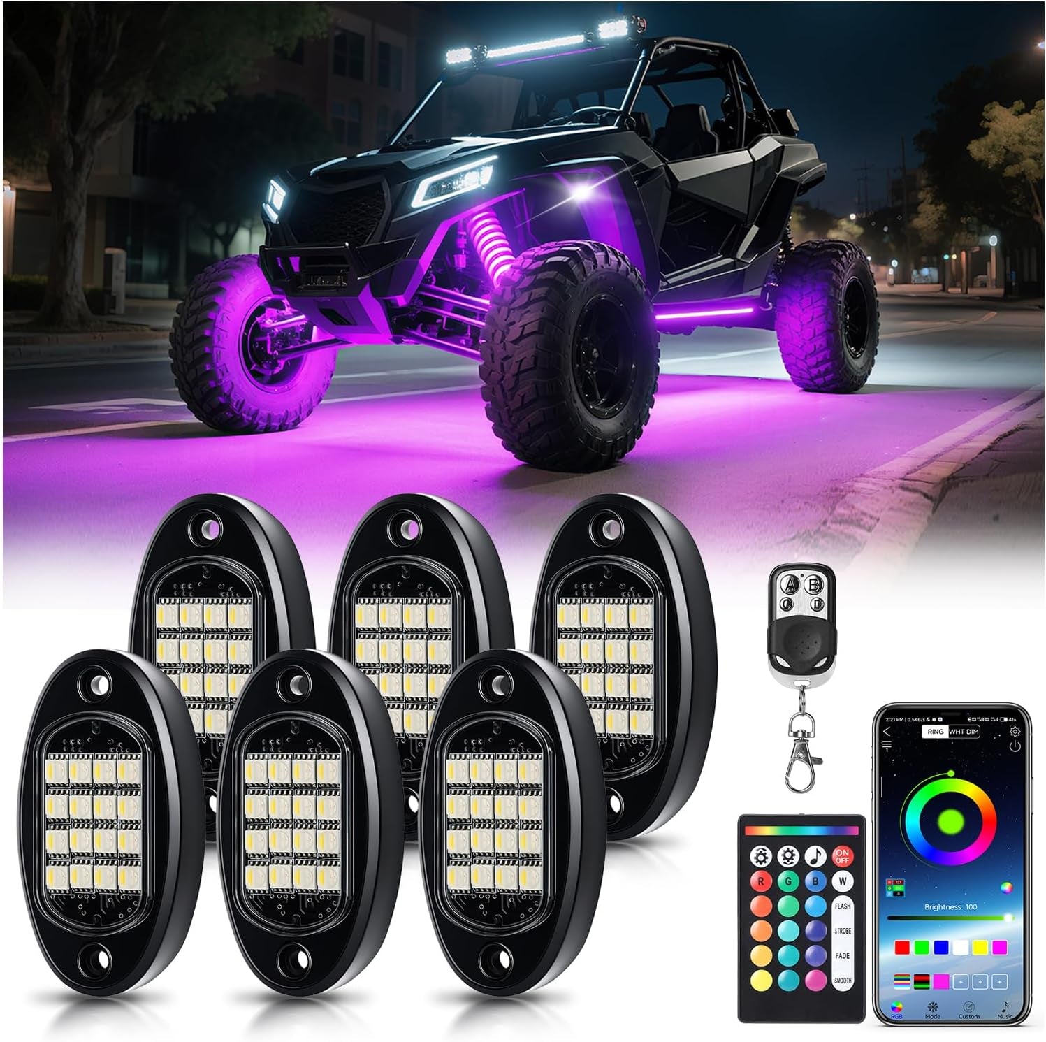 Ultimate 6 Pods RGBW LED Rock Lights Kit - 6500K Pure White & Vibrant RGB Underglow for UTVs, Golf Carts, ATVs, RZRs, SXS, and Trucks - Smart App/RF Remote, Music Sync, Waterproof Neon Underbody, 12V