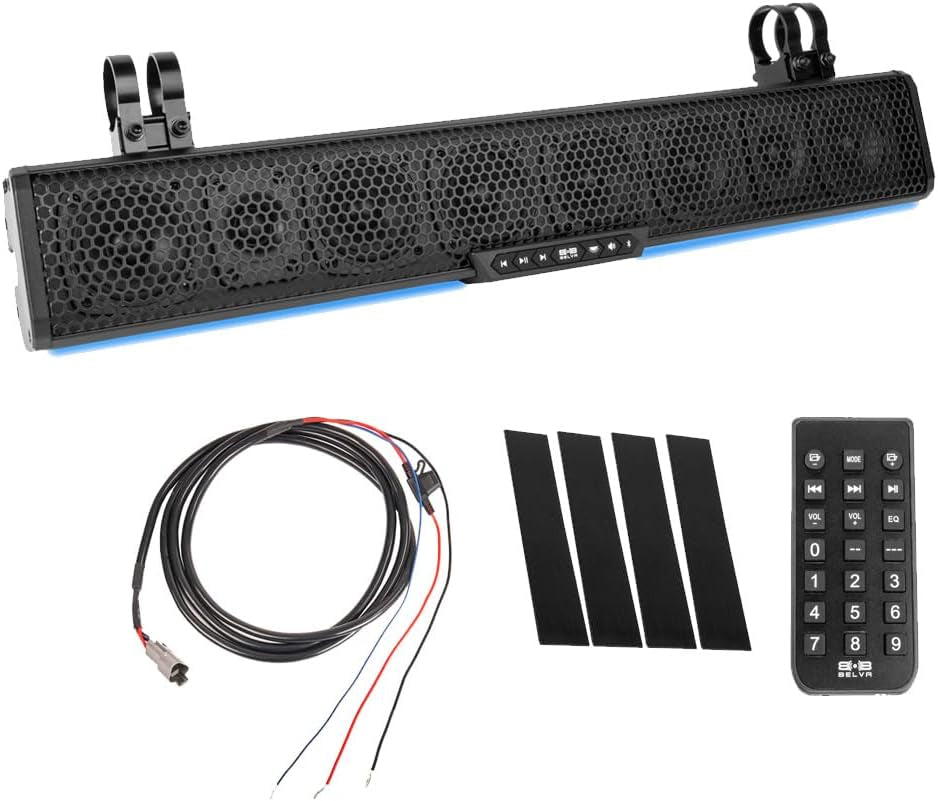 Basb27V2 27" 500W Amplified Weatherproof Bluetooth Soundbar for Utv/Atv/Sxs/Golf Cart, 8-Speakers, RGB LED Lights, Remote Control, Preset Equalizer, Fits 1.5" - 2" Roll Bars