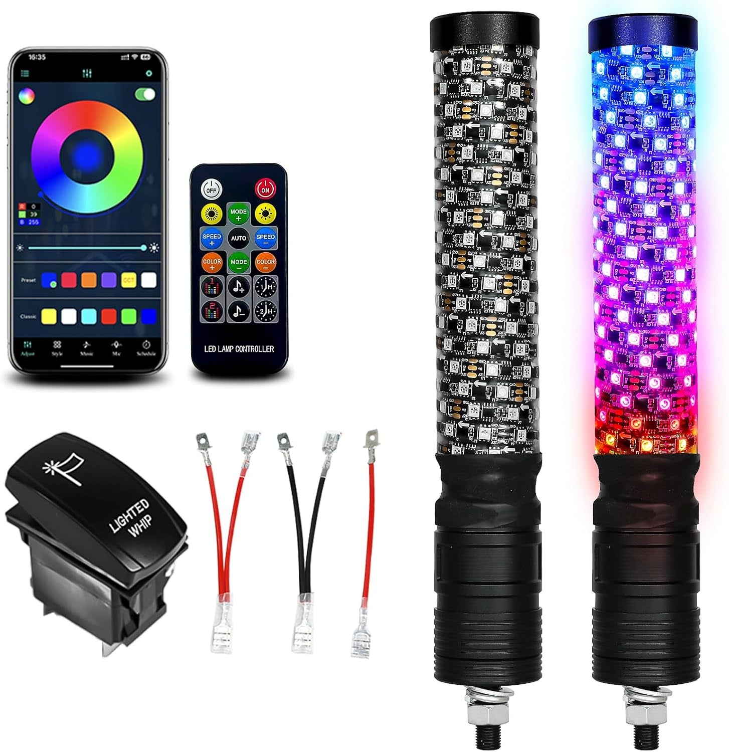 2 Pack 1FT LED Whip Lights with App & Remote Control - RGB Chasing Antenna Lights for SXS UTV ATV RZR Can-Am X3 Off-Road, Music Sync Feature