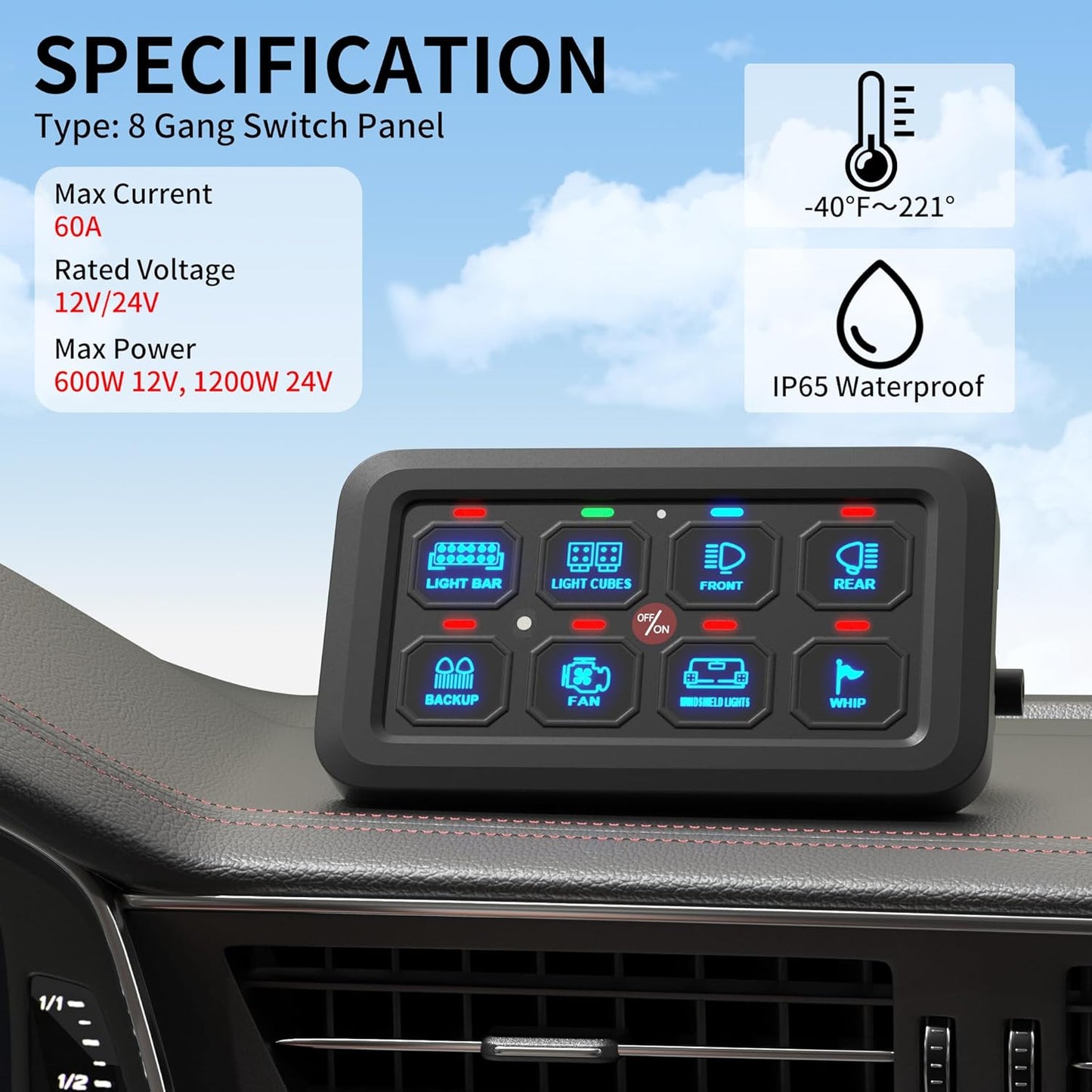 RGB LED 8 Gang Switch Panel - Multi-Function Toggle & Touch Control for Car, ATV, UTV, Boat & Marine - Dimmable & Versatile!