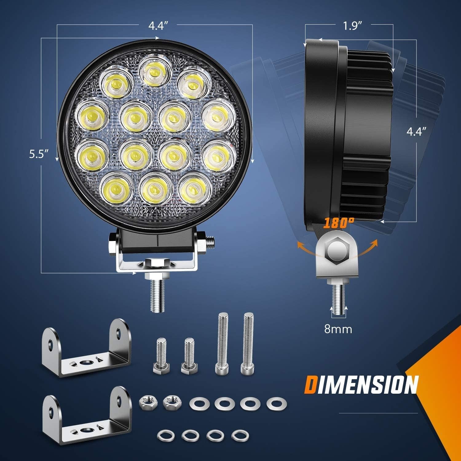 LED Pods 2Pcs 4.5Inch 42W 4200LM round Flood Light off Road Lights Fog Lights Driving Roof LED Light Bar Work Light with 16AWG Wiring Harness Kit-2 Leads