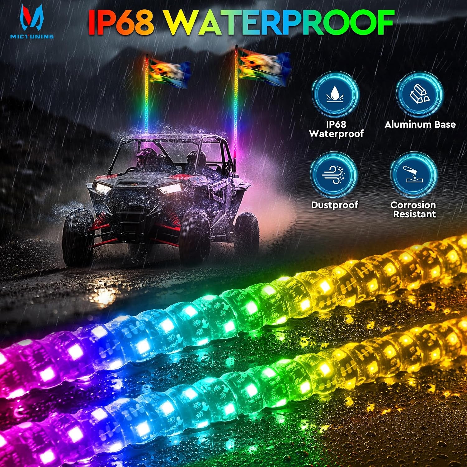2Pc 4Ft Spiral LED Whip Lights with 8 Flags, RF Remote & App Control, RGB Chasing Lighted Whips with Rocker Switch, Music Synced Whip Light for UTV ATV Polaris RZR Can-Am