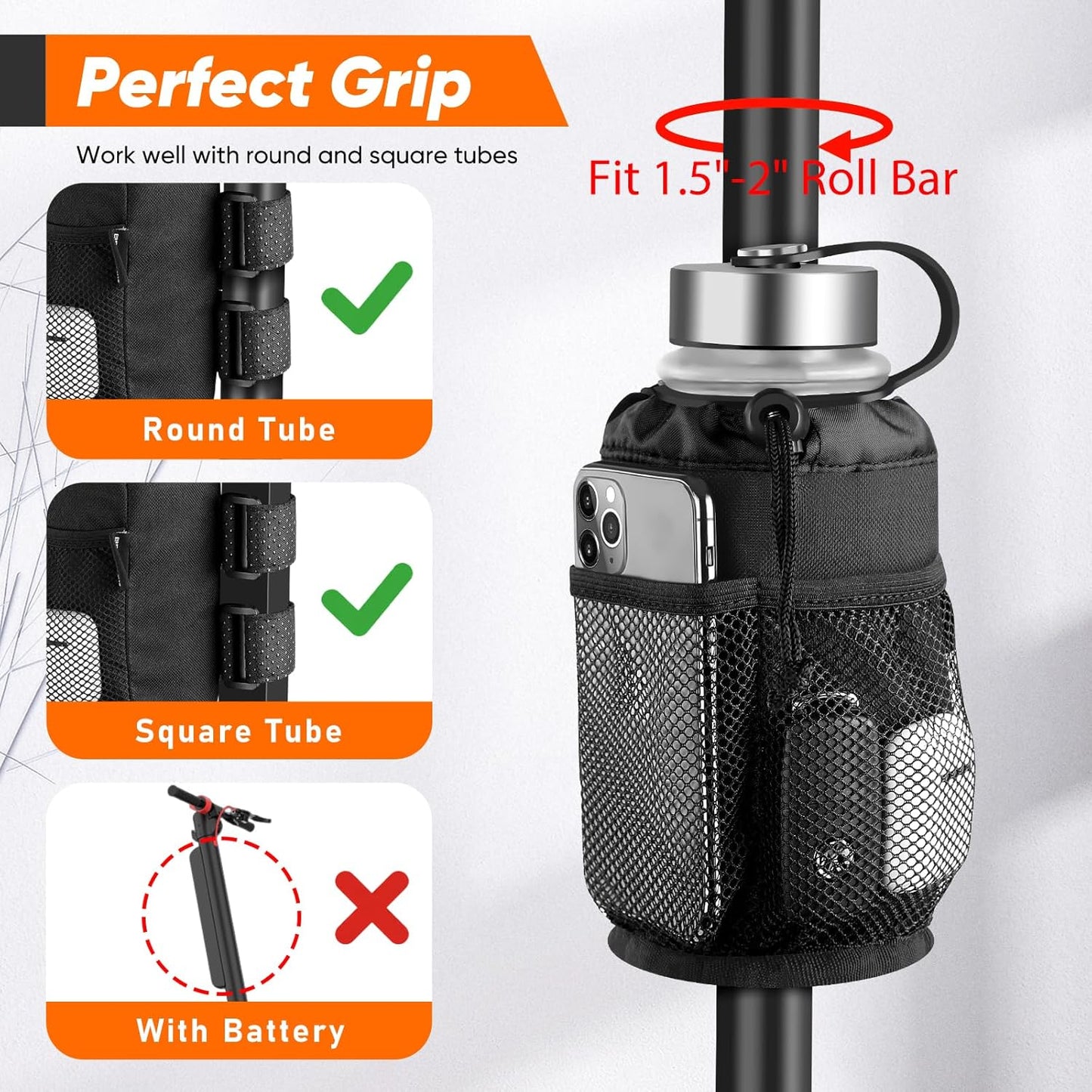 Scooter Cup Holder for 8-32Oz Bottles, Wheelchair Walker Water Bottle Holder for UTV Roll Bar Bike E-Bike Golf Cart and Boat, Drink Holder with Net Pockets and Hook and Loop Straps