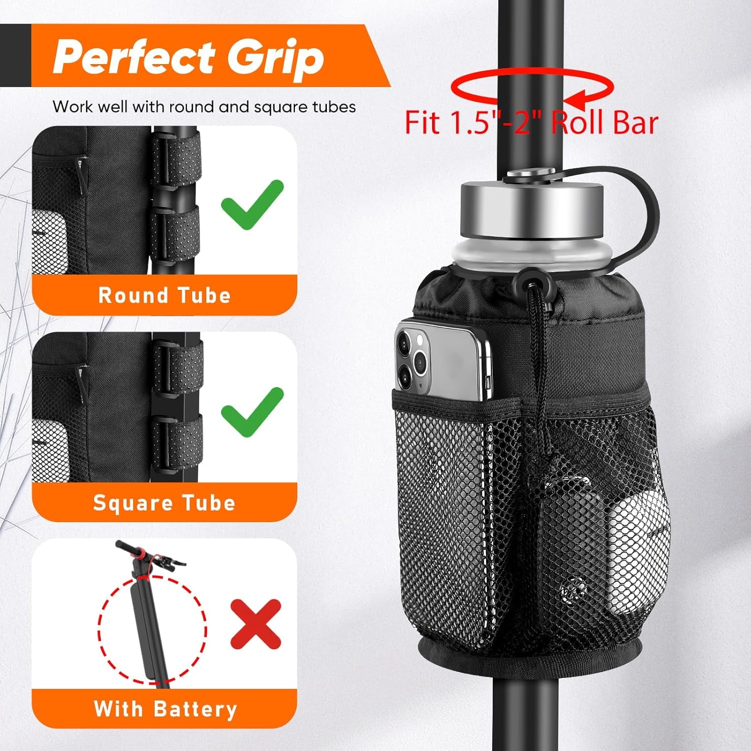 Scooter Cup Holder for 8-32Oz Bottles, Wheelchair Walker Water Bottle Holder for UTV Roll Bar Bike E-Bike Golf Cart and Boat, Drink Holder with Net Pockets and Hook and Loop Straps