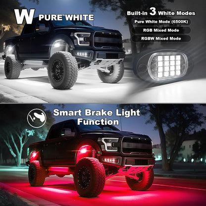 Ultimate 6 Pods RGBW LED Rock Lights Kit - 6500K Pure White & Vibrant RGB Underglow for UTVs, Golf Carts, ATVs, RZRs, SXS, and Trucks - Smart App/RF Remote, Music Sync, Waterproof Neon Underbody, 12V