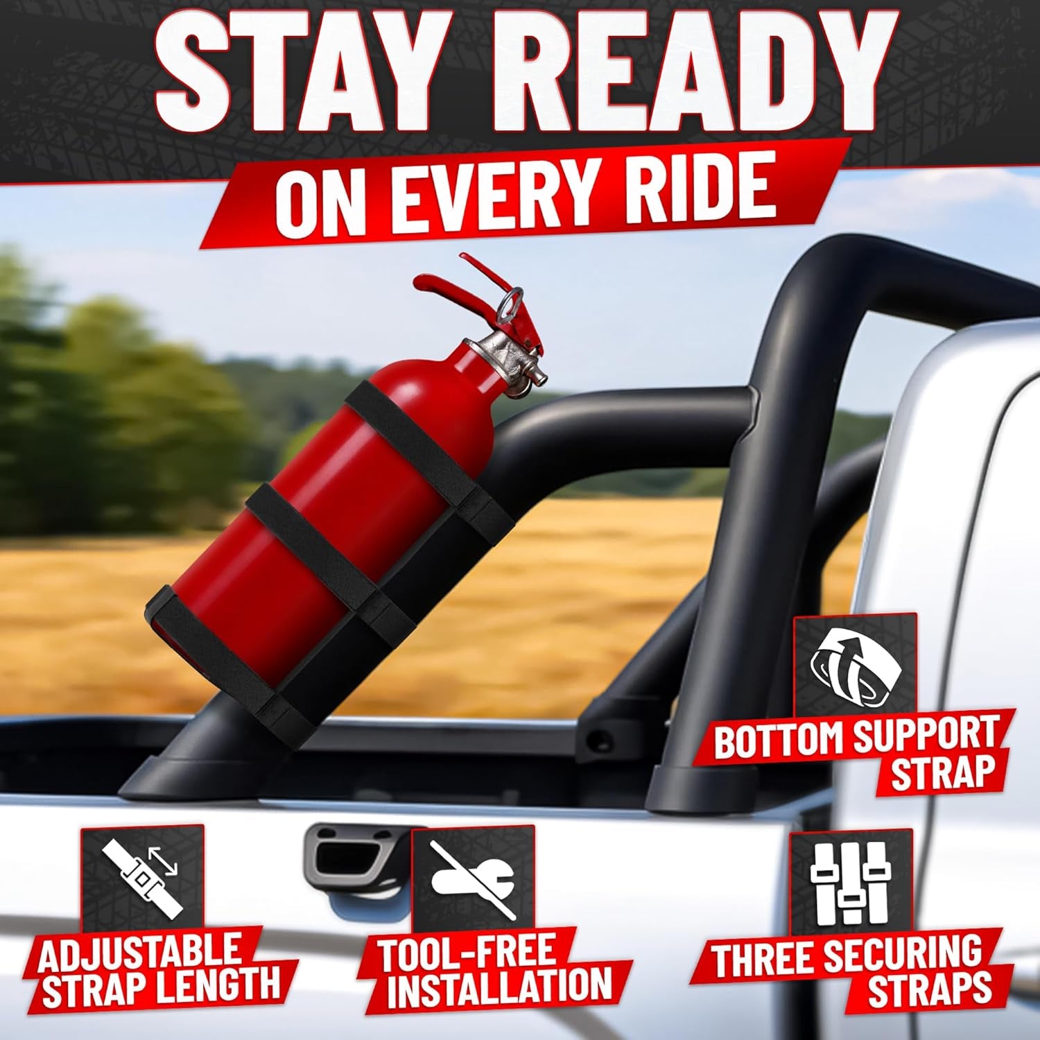 Fire Extinguisher Mount for Vehicle - Adjustable Nylon Strap, No-Drill, Roll Bar Mount, Quick Release | Fits 3 Lb Extinguishers Diameter 3.5 in - Fire Extinguisher Holder for Car & Off-Road Vehicles