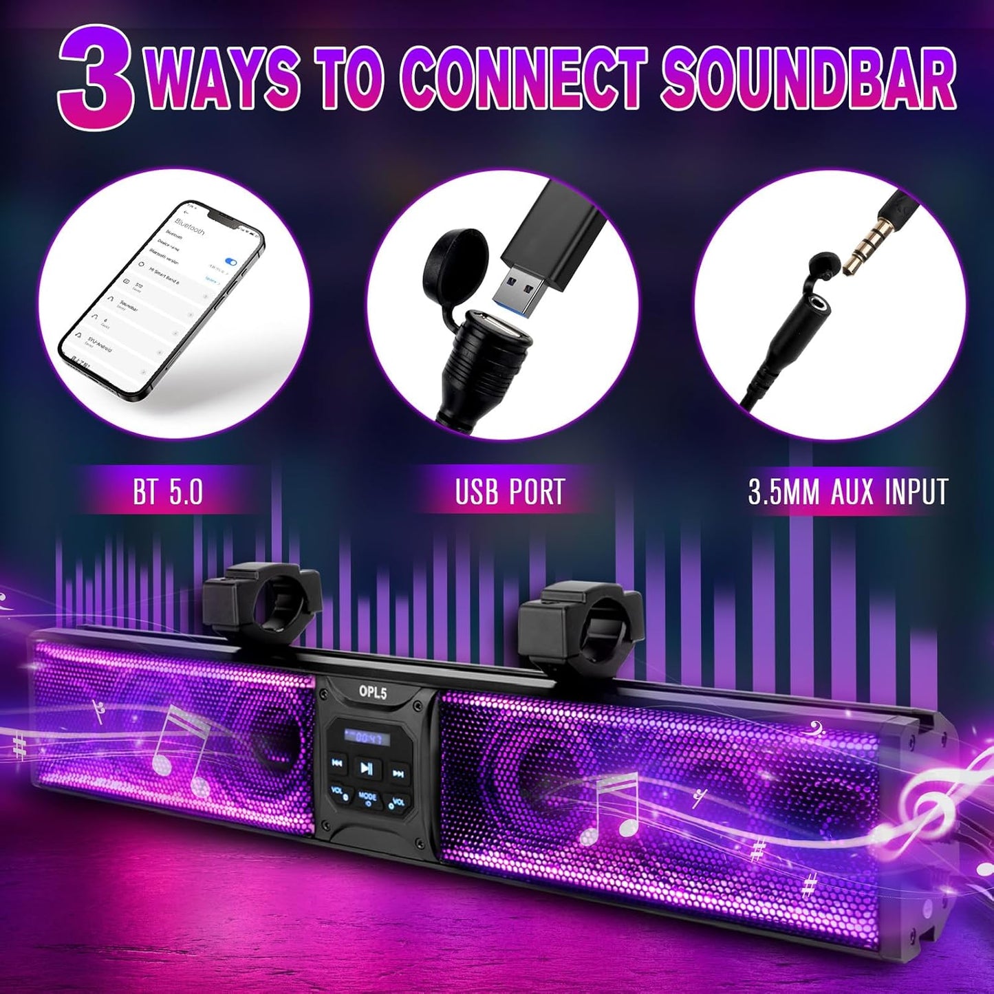 UTV Sound Bar 27 Inch, 6-Speaker Metal Bluetooth ATV Soundbar with RGB ＆ Light Strip, IP66 Waterproof Golf Cart Sound Bar for Polaris RZR Can-Am W/ 1" - 2" Roll Bar,2 Years Warranty
