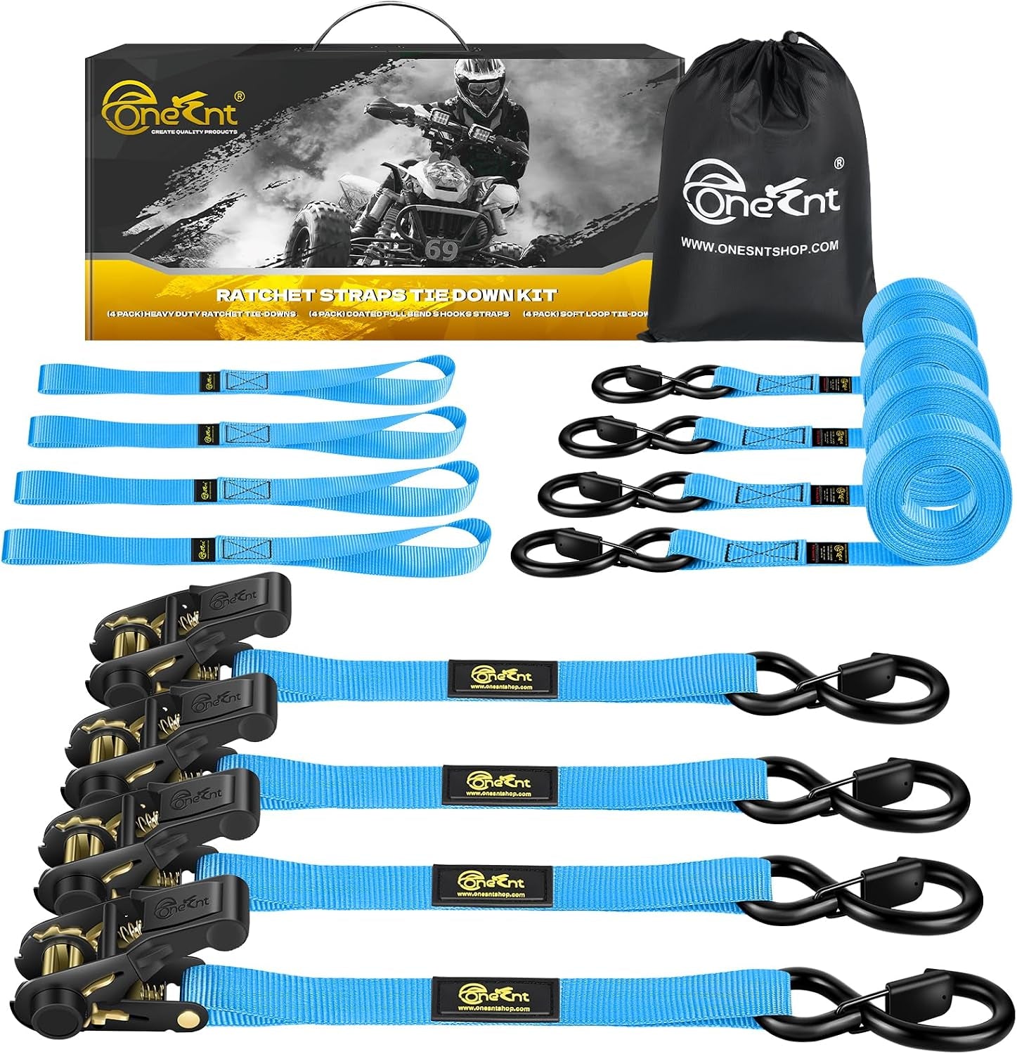 4Pcs Ratchet Tie down Straps Kit for 2400Lb Break Strength | 1” X 16FT Tie down Straps with Soft Loop Tie-Downs & Safety S Hook - Cargo Strap Tie down for Trucks, Motorcycle, Moving, Appliances - Blue