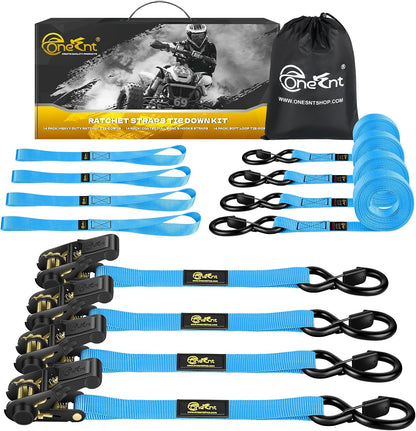 4Pcs Ratchet Tie down Straps Kit for 2400Lb Break Strength | 1” X 16FT Tie down Straps with Soft Loop Tie-Downs & Safety S Hook - Cargo Strap Tie down for Trucks, Motorcycle, Moving, Appliances - Blue
