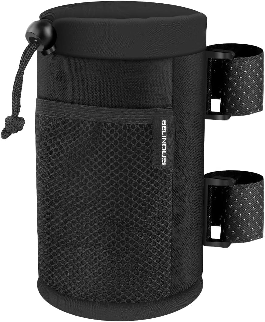 Scooter Cup Holder for 8-32Oz Bottles, Wheelchair Walker Water Bottle Holder for UTV Roll Bar Bike E-Bike Golf Cart and Boat, Drink Holder with Net Pockets and Hook and Loop Straps