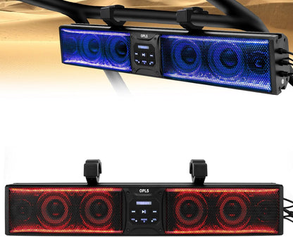 UTV Sound Bar 27 Inch, 6-Speaker Metal Bluetooth ATV Soundbar with RGB ＆ Light Strip, IP66 Waterproof Golf Cart Sound Bar for Polaris RZR Can-Am W/ 1" - 2" Roll Bar,2 Years Warranty