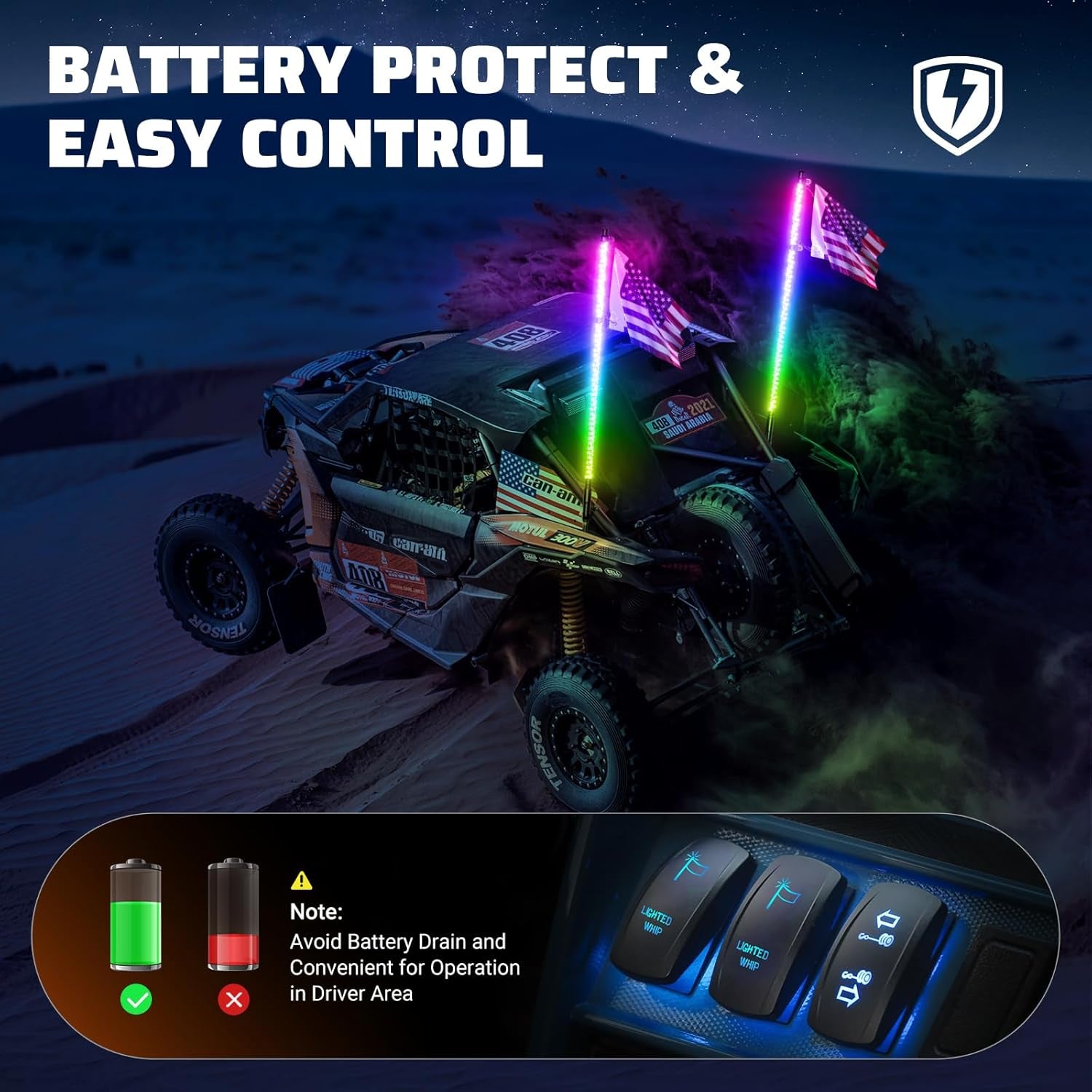2 PCS 2FT Whip Lights with Spring Base, APP & Remote Control Led Whip Lights for Side by Side, Spiral RGB Chasing Lighted Whips with Rocker Switch, Music Led Whips for UTV ATV RZR SXS Can-Am