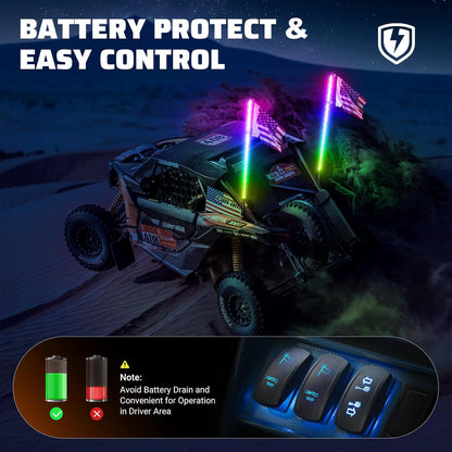 2 PCS 2FT Whip Lights with Spring Base, APP & Remote Control Led Whip Lights for Side by Side, Spiral RGB Chasing Lighted Whips with Rocker Switch, Music Led Whips for UTV ATV RZR SXS Can-Am