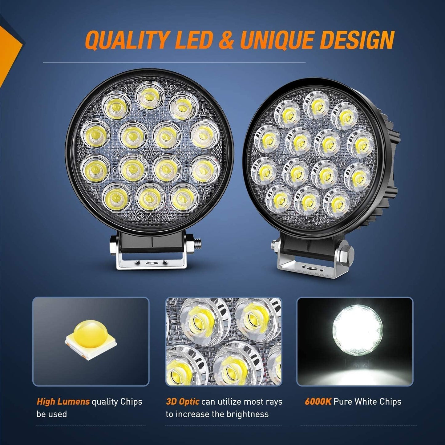 LED Pods 2Pcs 4.5Inch 42W 4200LM round Flood Light off Road Lights Fog Lights Driving Roof LED Light Bar Work Light with 16AWG Wiring Harness Kit-2 Leads