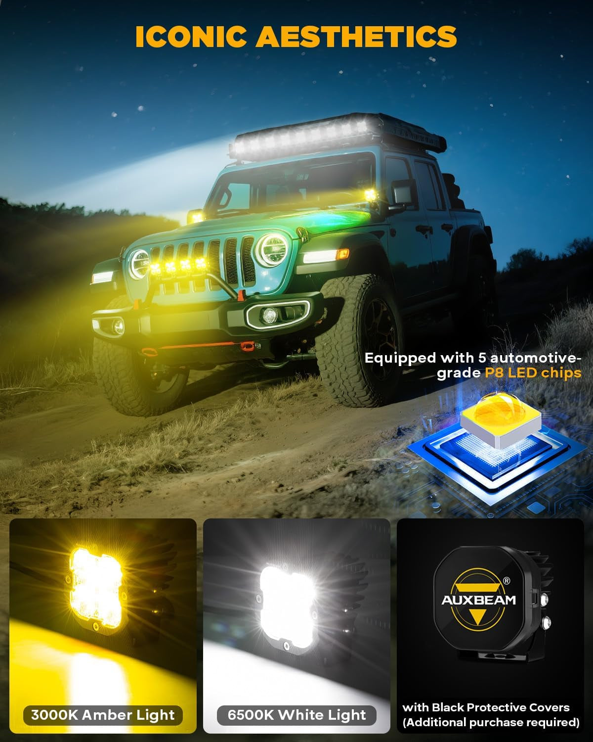 Xp-Ultra 80W 9600LM Dual Color 3 Inch Flood Beam LED Pods - Amber & White Off-Road Fog Lights for RZR, Polaris, Ford Bronco, UTV & ATV - Pair