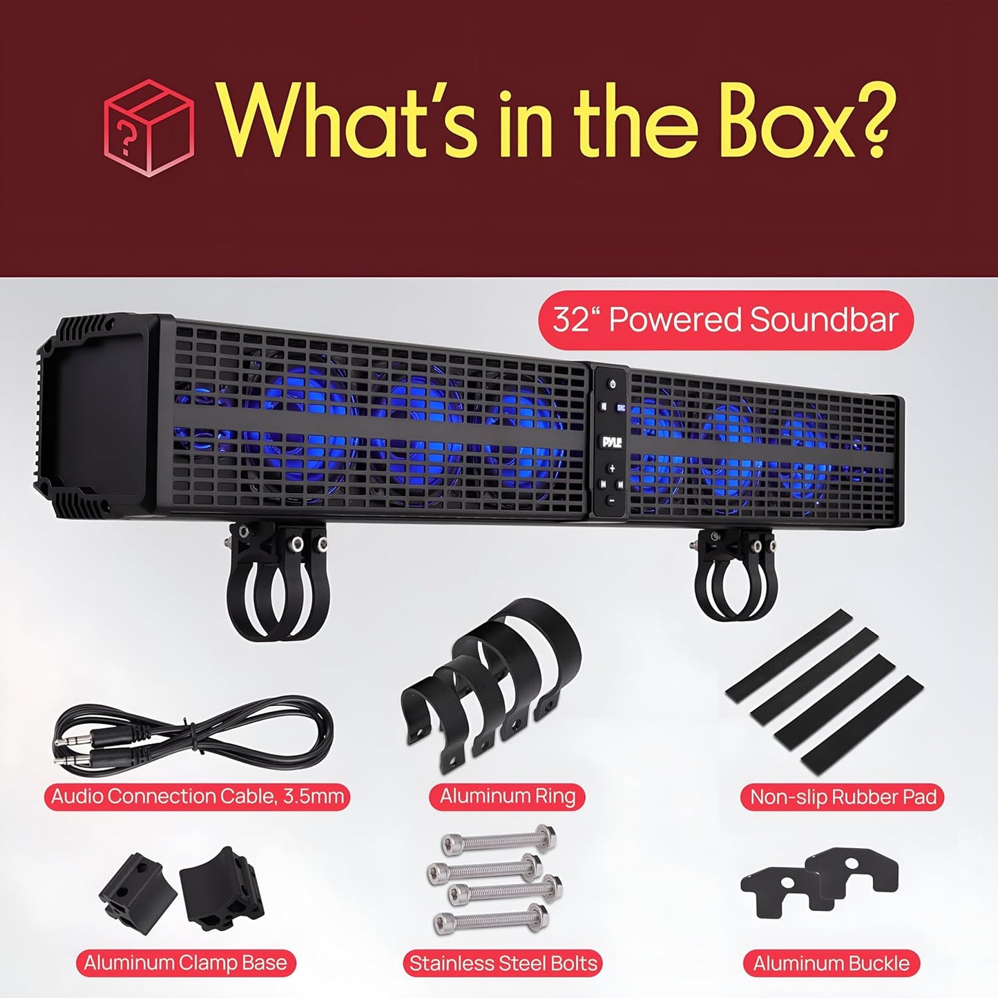 32" Powered ATV/UTV Soundbar System, 200W Bluetooth Speakers with Built-In Amplifier, Waterproof and Weatherproof, Wireless BT Streaming and Auxiliary Input, LED Lights