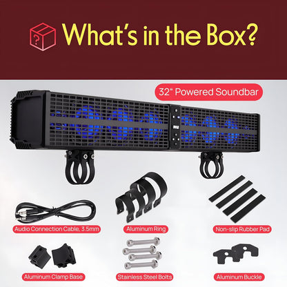 32" Powered ATV/UTV Soundbar System, 200W Bluetooth Speakers with Built-In Amplifier, Waterproof and Weatherproof, Wireless BT Streaming and Auxiliary Input, LED Lights