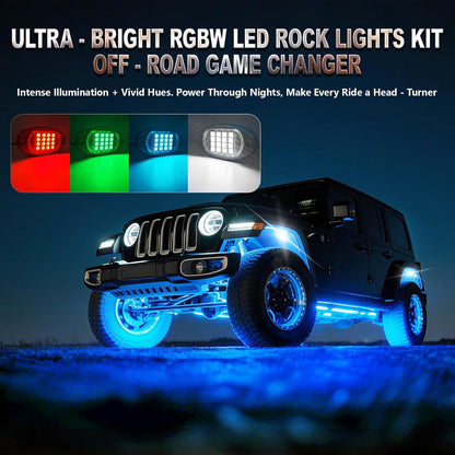 Ultimate 6 Pods RGBW LED Rock Lights Kit - 6500K Pure White & Vibrant RGB Underglow for UTVs, Golf Carts, ATVs, RZRs, SXS, and Trucks - Smart App/RF Remote, Music Sync, Waterproof Neon Underbody, 12V