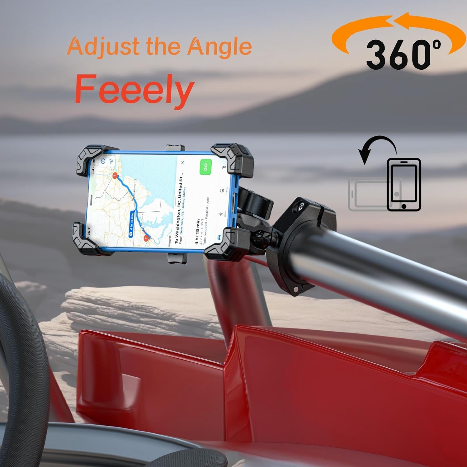 Anti-Theft UTV Phone Mount with Vibration Dampener, Adjustable UTV Cellphone Holder Fit on 1.5''/1.65''/1.75''/1.85'' Roll Cage Bar, for 5.4''-7'' Smartphone