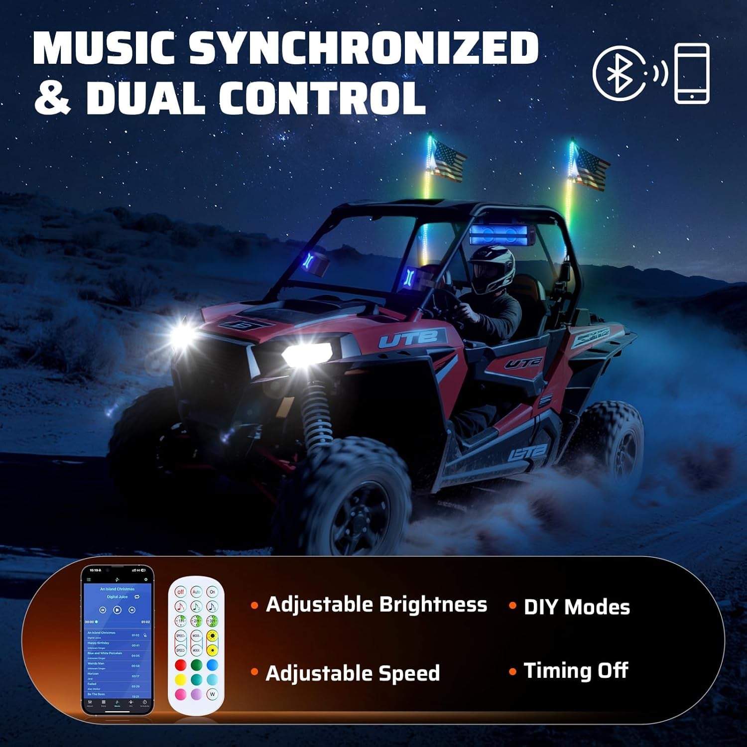 2 PCS 2FT Whip Lights with Spring Base, APP & Remote Control Led Whip Lights for Side by Side, Spiral RGB Chasing Lighted Whips with Rocker Switch, Music Led Whips for UTV ATV RZR SXS Can-Am
