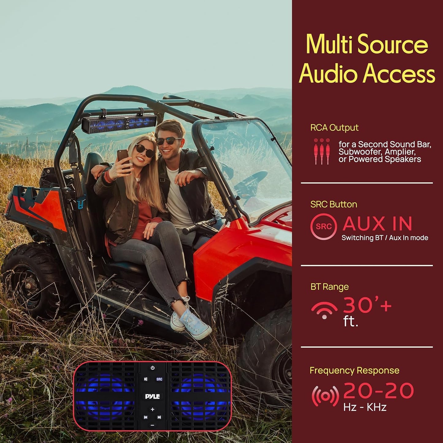 32" Powered ATV/UTV Soundbar System, 200W Bluetooth Speakers with Built-In Amplifier, Waterproof and Weatherproof, Wireless BT Streaming and Auxiliary Input, LED Lights