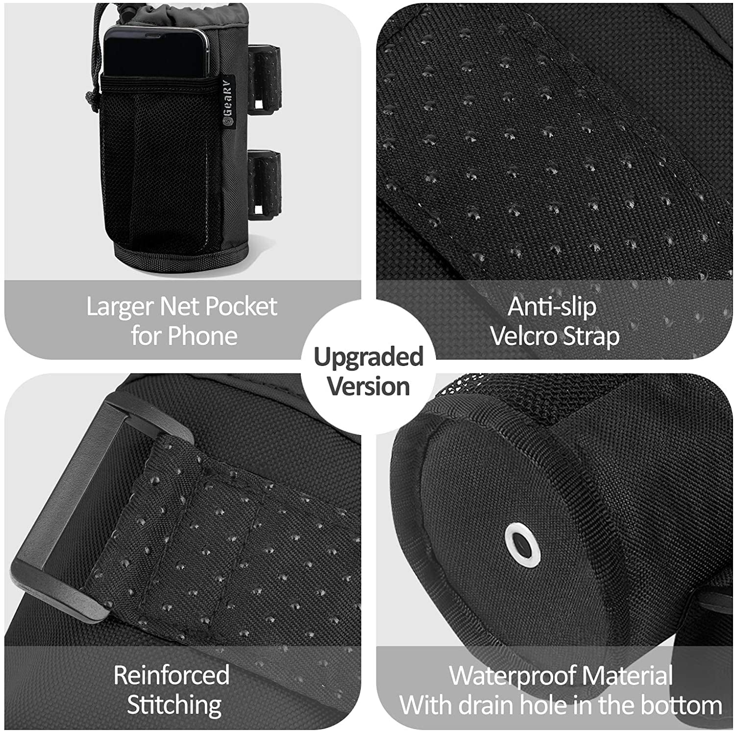 2Pack Cup Holder for Bike, Scooter and Wheelchair, Water Bottle Holder for UTV/ATV, Walker, Golf Cart and Beach, Universal Drink Holder Accessories with Net Pocket and Cord Lock (Black)