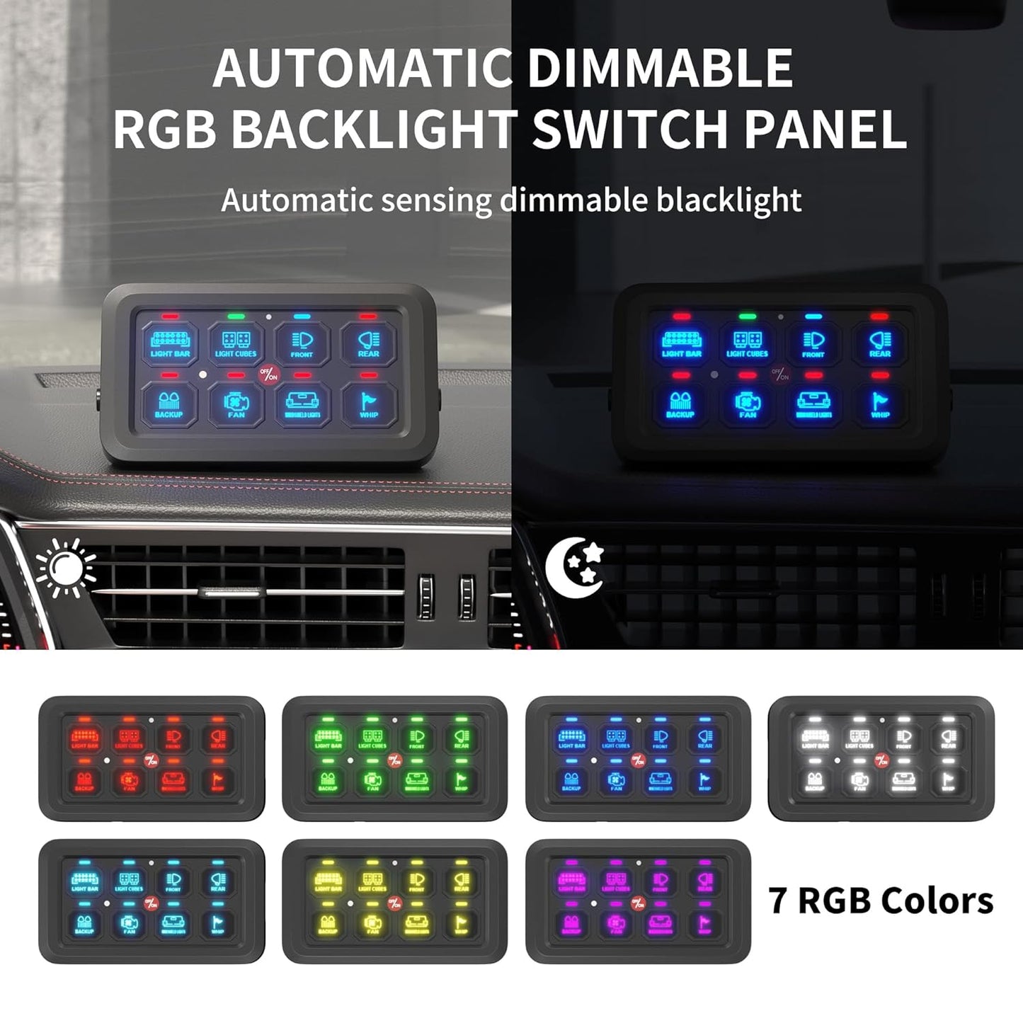RGB LED 8 Gang Switch Panel - Multi-Function Toggle & Touch Control for Car, ATV, UTV, Boat & Marine - Dimmable & Versatile!