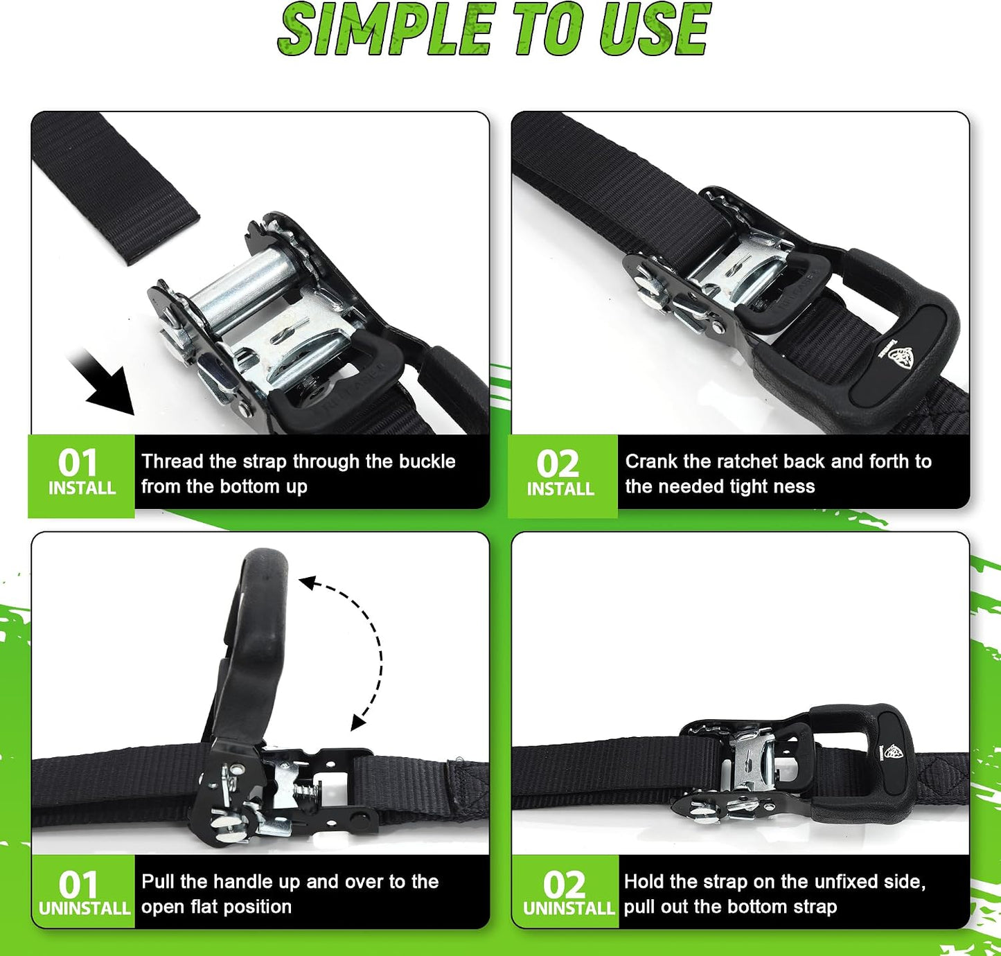 Heavy Duty Ratchet Straps (4 Pack) - Motorcycle Straps Tie Downs 5,208Lb Break Strength - 1.5 in X 15Ft Ratchet Tie down Straps,15" Soft Loop Tie down Straps for Truck, Cargos