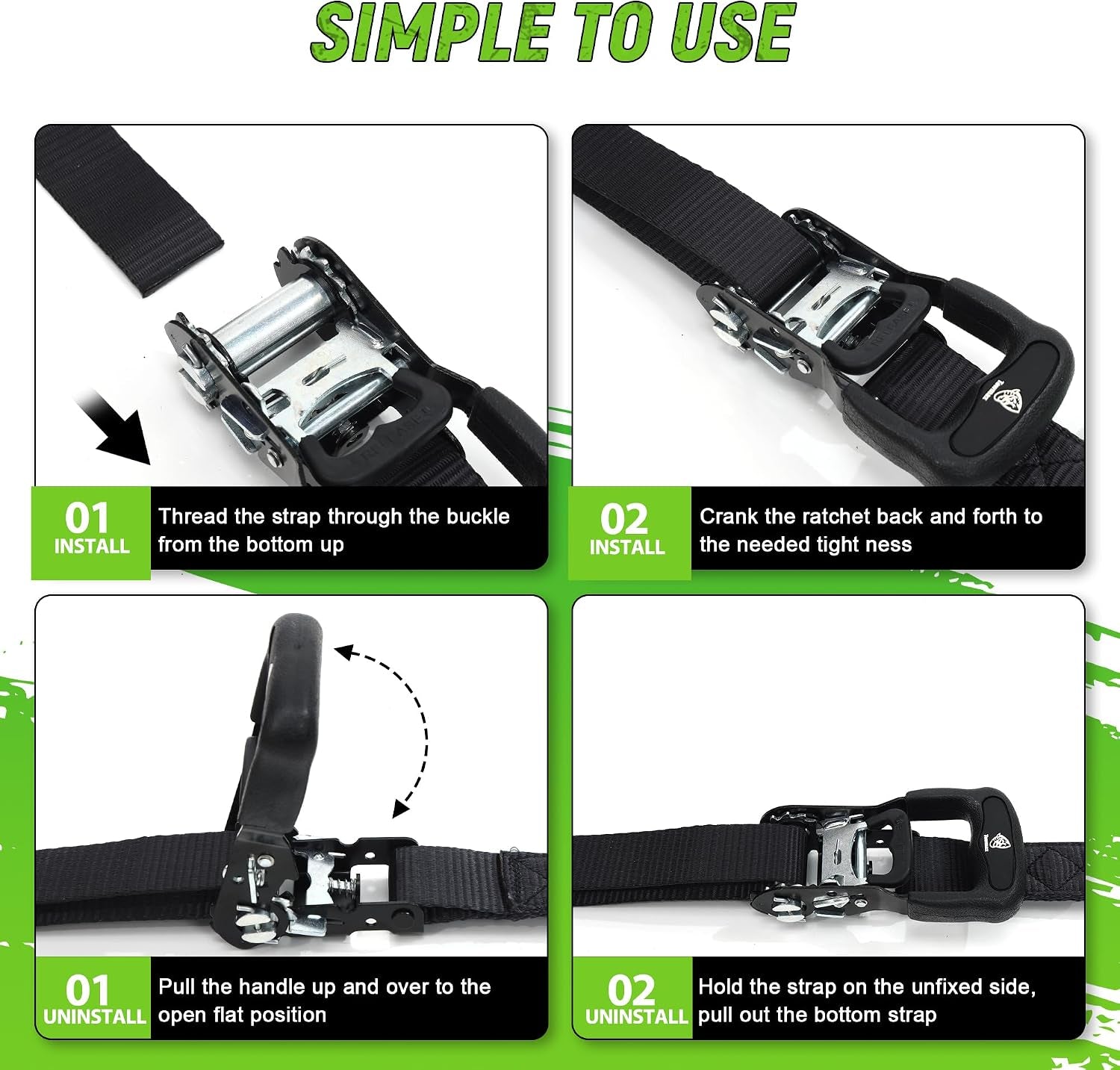 Heavy Duty Ratchet Straps (4 Pack) - Motorcycle Straps Tie Downs 5,208Lb Break Strength - 1.5 in X 15Ft Ratchet Tie down Straps,15" Soft Loop Tie down Straps for Truck, Cargos