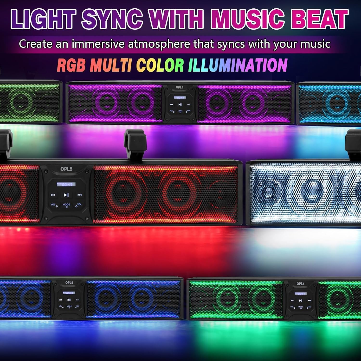 UTV Sound Bar 27 Inch, 6-Speaker Metal Bluetooth ATV Soundbar with RGB ＆ Light Strip, IP66 Waterproof Golf Cart Sound Bar for Polaris RZR Can-Am W/ 1" - 2" Roll Bar,2 Years Warranty