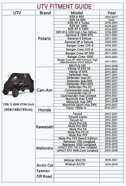 UTV Cover 4 Seater Waterproof Outdoor,Side by Side ATV Covers,Durable Anti-Uv and All Weather Protection, Compatible with Polaris Ranger RZR General Can-Am Defender Yamaha Kawasaki,159" Lx66 Wx76 H