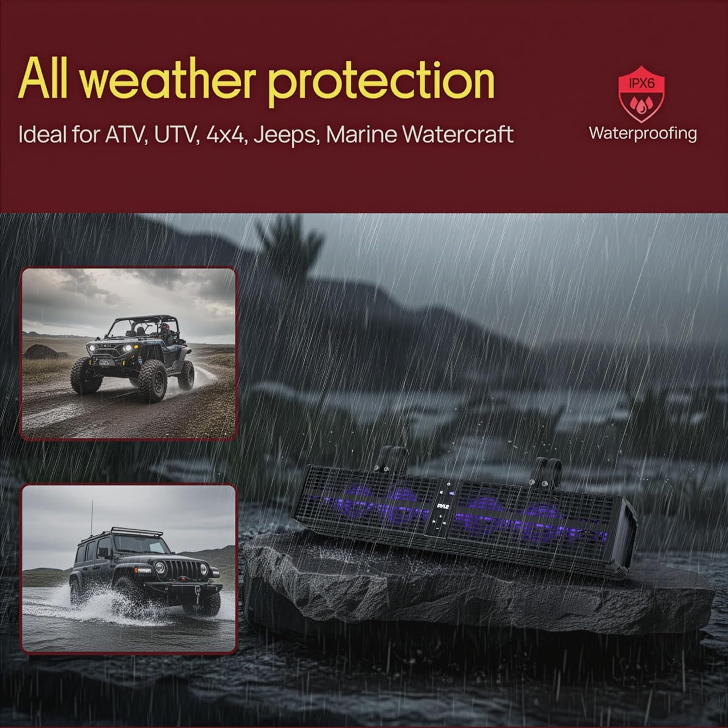 24" Powered ATV/UTV Soundbar System - 40 Bluetooth Speakers with Built-In Amplifier, Waterproof and Weatherproof, Wireless BT Streaming and Auxiliary Input, LED Lights