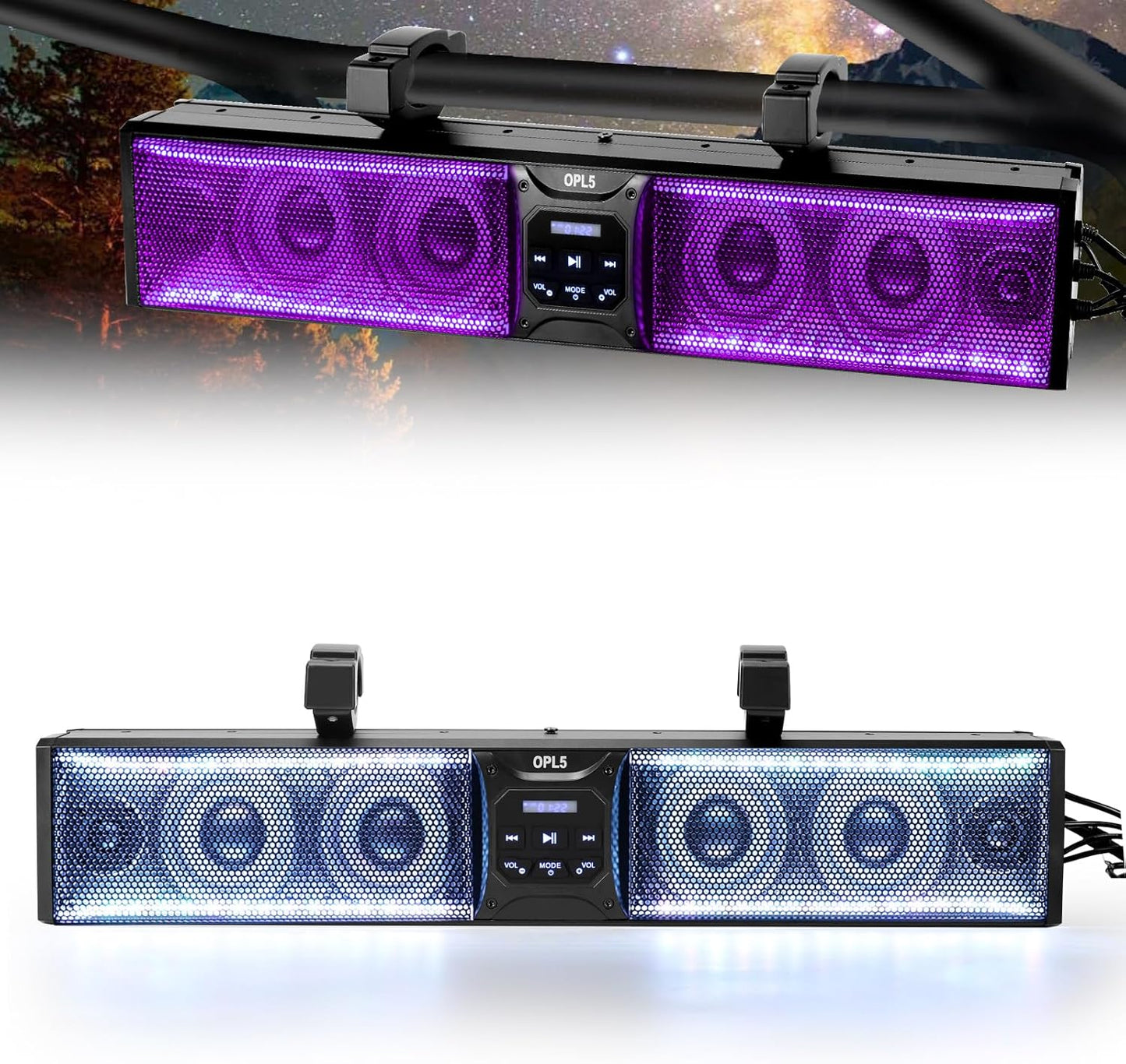 UTV Sound Bar 27 Inch, 6-Speaker Metal Bluetooth ATV Soundbar with RGB ＆ Light Strip, IP66 Waterproof Golf Cart Sound Bar for Polaris RZR Can-Am W/ 1" - 2" Roll Bar,2 Years Warranty