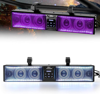 UTV Sound Bar 27 Inch, 6-Speaker Metal Bluetooth ATV Soundbar with RGB ＆ Light Strip, IP66 Waterproof Golf Cart Sound Bar for Polaris RZR Can-Am W/ 1" - 2" Roll Bar,2 Years Warranty