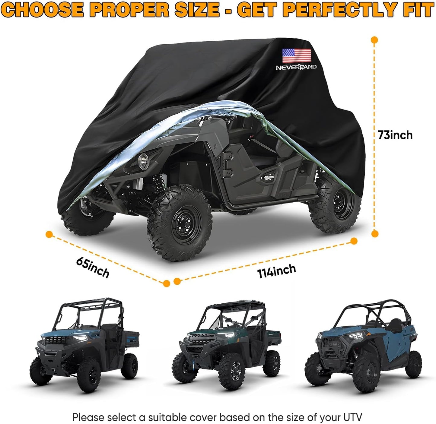 UTV Covers Heavy Duty, 300D UTV Cover 2-3 Seater All-Weather Protection, Side by Side Cover Waterproof Outdoor Compatible with Honda Pioneer Polaris Ranger 114"X 65"X 73" (American Flag)