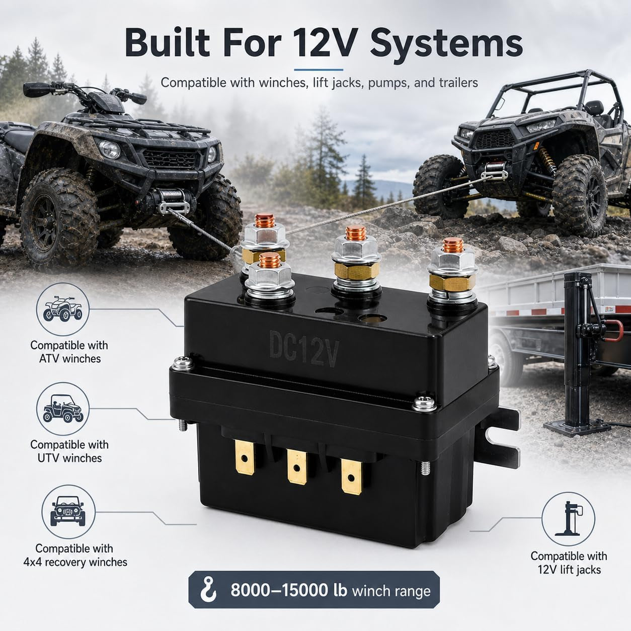 Solenoid Relay, 2 Pack 12V 500A Winch Relay Solenoid Replacement Contactor for 8000-15000Lb ATV UT Winch Control