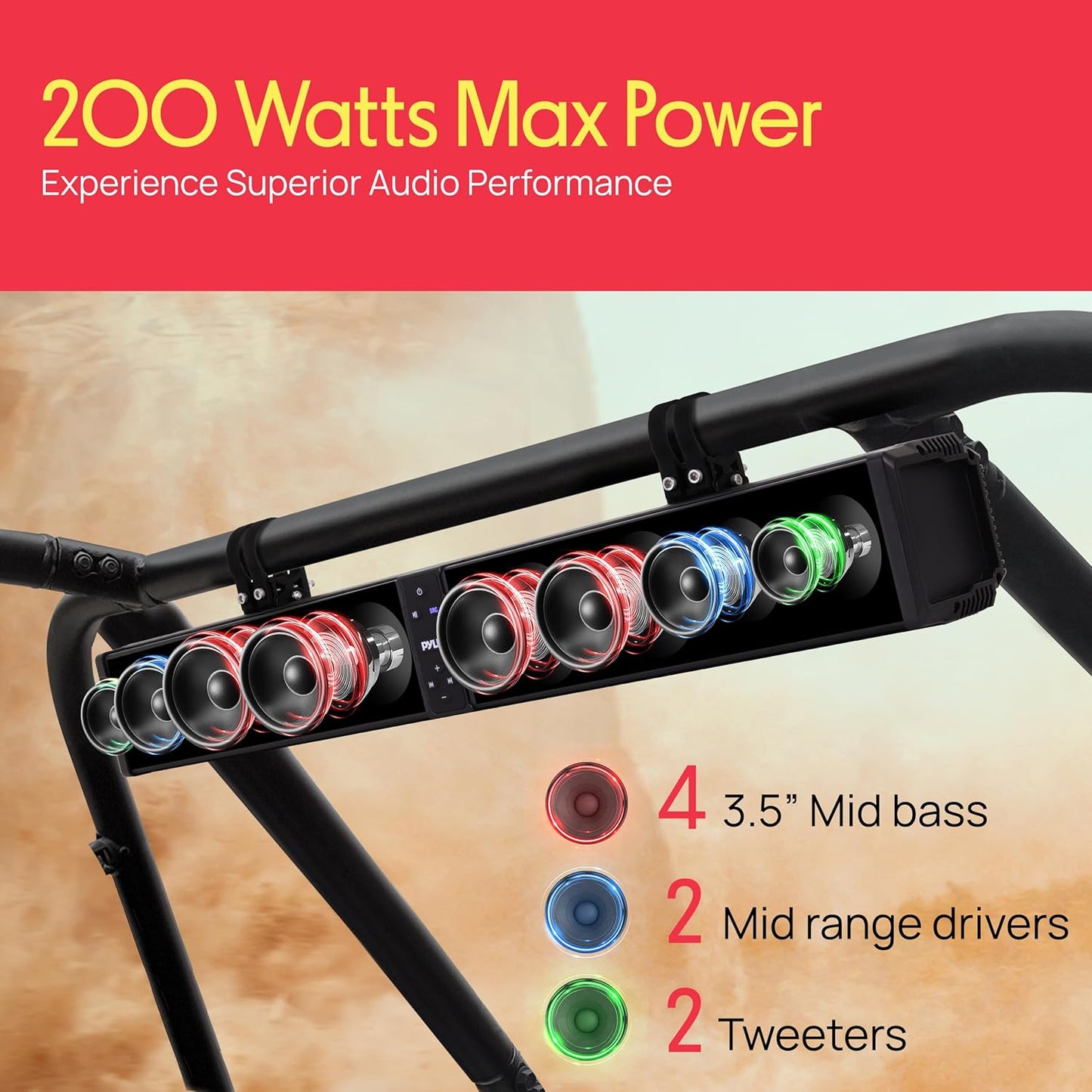 32" Powered ATV/UTV Soundbar System, 200W Bluetooth Speakers with Built-In Amplifier, Waterproof and Weatherproof, Wireless BT Streaming and Auxiliary Input, LED Lights