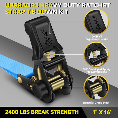 4Pcs Ratchet Tie down Straps Kit for 2400Lb Break Strength | 1” X 16FT Tie down Straps with Soft Loop Tie-Downs & Safety S Hook - Cargo Strap Tie down for Trucks, Motorcycle, Moving, Appliances - Blue