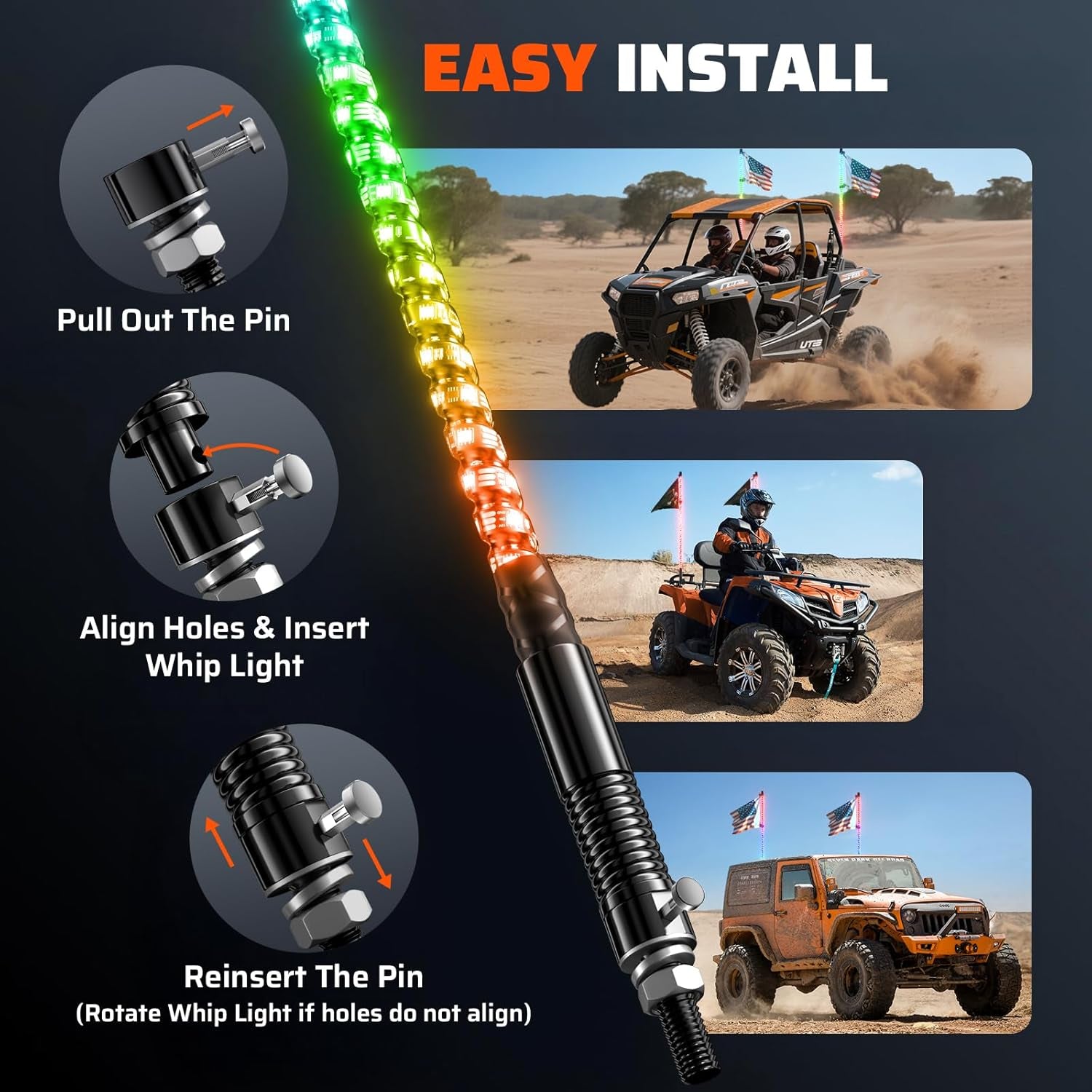 2 PCS 2FT Whip Lights with Spring Base, APP & Remote Control Led Whip Lights for Side by Side, Spiral RGB Chasing Lighted Whips with Rocker Switch, Music Led Whips for UTV ATV RZR SXS Can-Am