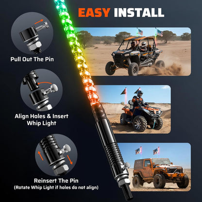 2 PCS 2FT Whip Lights with Spring Base, APP & Remote Control Led Whip Lights for Side by Side, Spiral RGB Chasing Lighted Whips with Rocker Switch, Music Led Whips for UTV ATV RZR SXS Can-Am