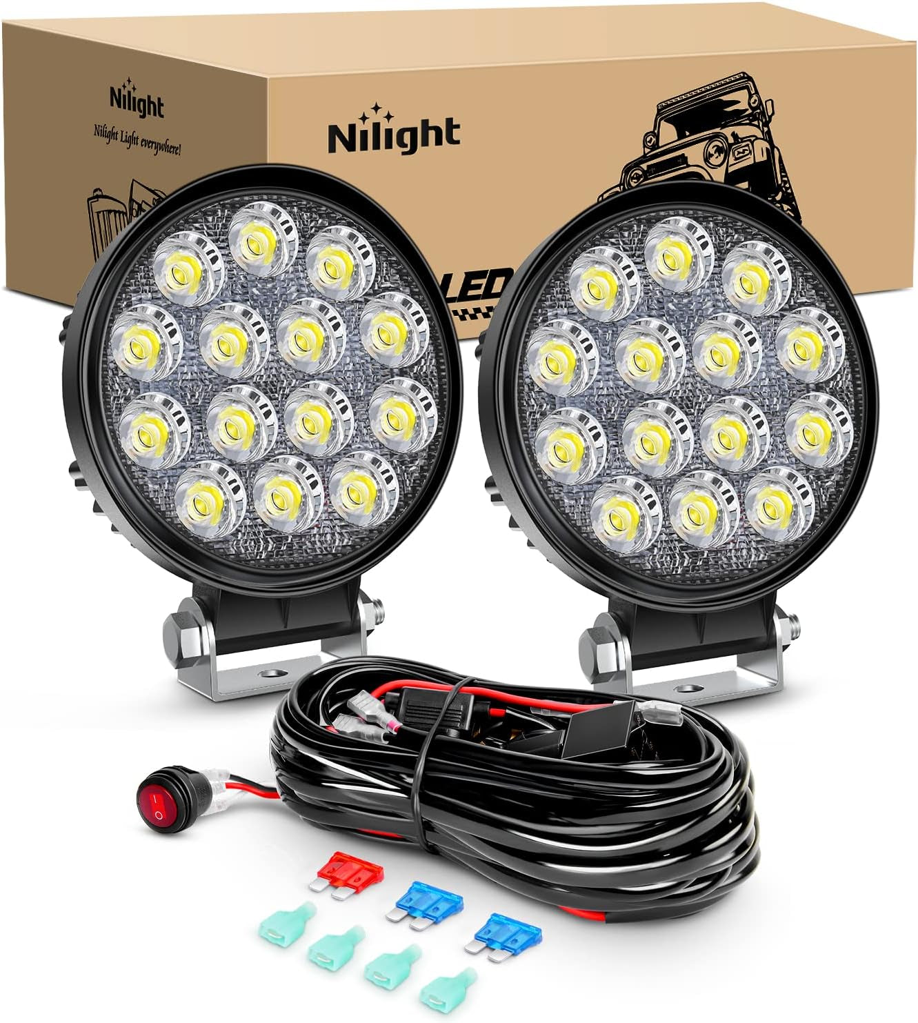 LED Pods 2Pcs 4.5Inch 42W 4200LM round Flood Light off Road Lights Fog Lights Driving Roof LED Light Bar Work Light with 16AWG Wiring Harness Kit-2 Leads