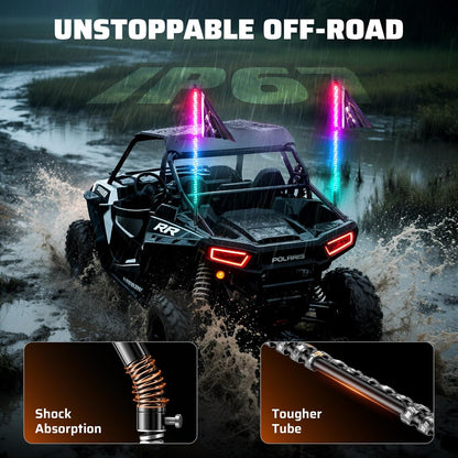 2 PCS 2FT Whip Lights with Spring Base, APP & Remote Control Led Whip Lights for Side by Side, Spiral RGB Chasing Lighted Whips with Rocker Switch, Music Led Whips for UTV ATV RZR SXS Can-Am