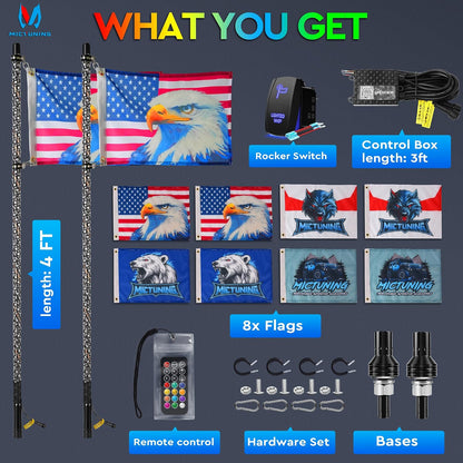 2Pc 4Ft Spiral LED Whip Lights with 8 Flags, RF Remote & App Control, RGB Chasing Lighted Whips with Rocker Switch, Music Synced Whip Light for UTV ATV Polaris RZR Can-Am