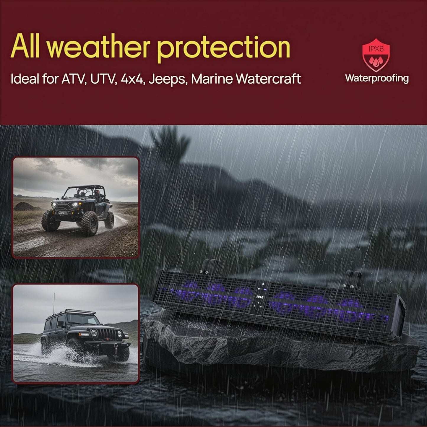32" Powered ATV/UTV Soundbar System, 200W Bluetooth Speakers with Built-In Amplifier, Waterproof and Weatherproof, Wireless BT Streaming and Auxiliary Input, LED Lights