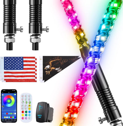 2 PCS 2FT Whip Lights with Spring Base, APP & Remote Control Led Whip Lights for Side by Side, Spiral RGB Chasing Lighted Whips with Rocker Switch, Music Led Whips for UTV ATV RZR SXS Can-Am
